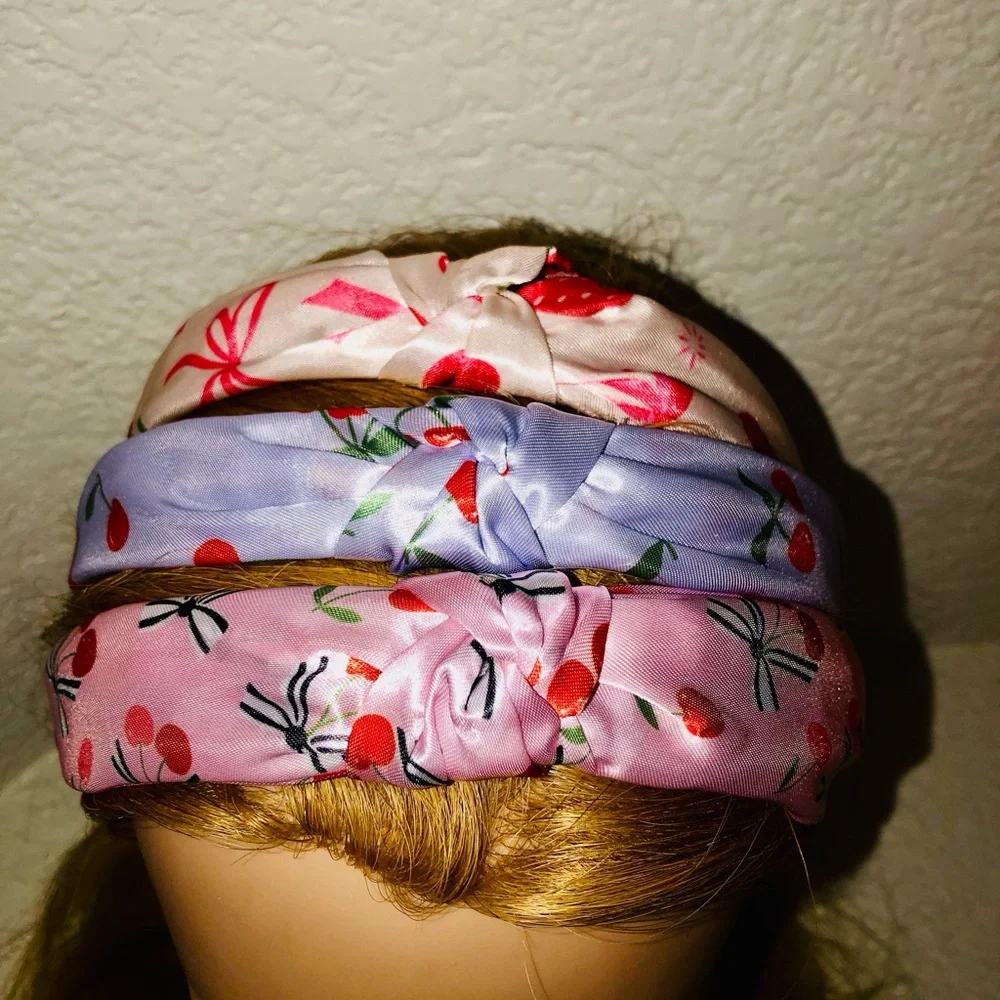 Cherry /Heart print Satin Knotted Headband set of 5